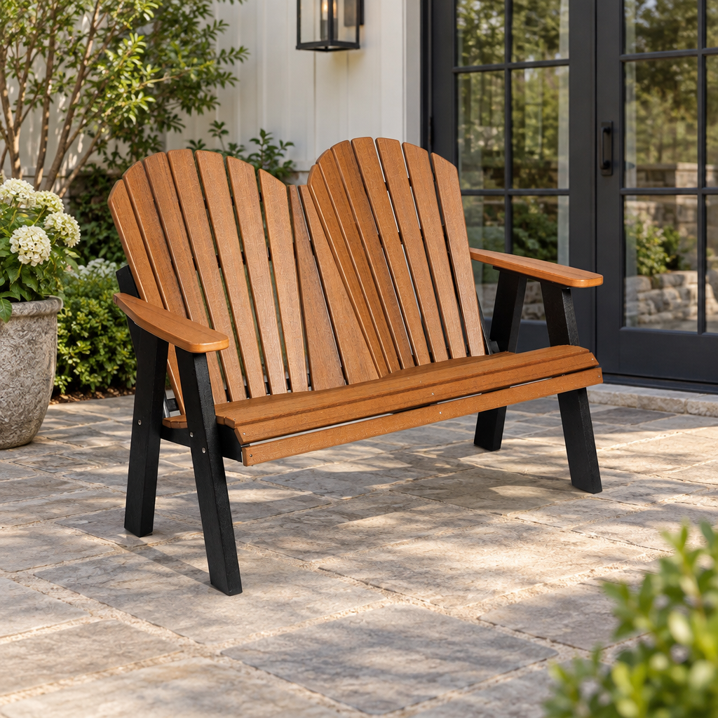 Amish Saranac Poly Patio Adirondack 4’ Park Bench shown in the back patio of a transitional home