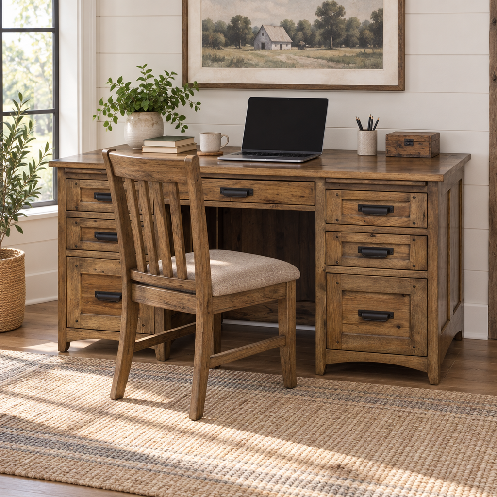 Belmont Amish Solid Wood Kneehole Desk shown in the home office of a modern farmhouse home