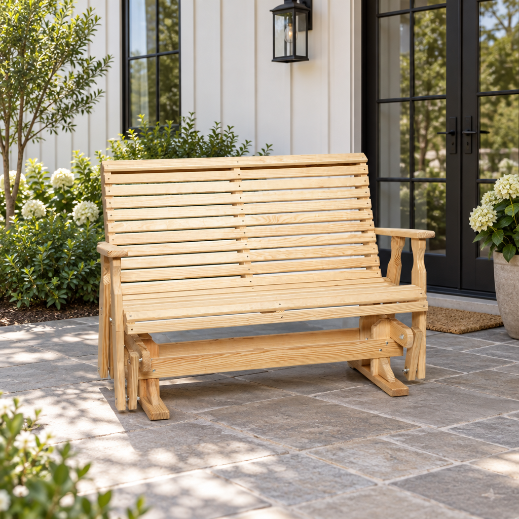 Amish Outdoor Wood Roll Back 5' Glider shown in the back patio of a modern farmhouse home