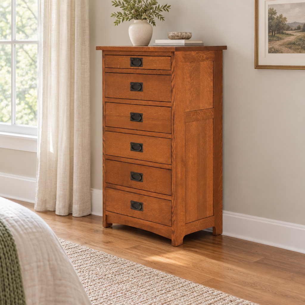 Amish Solid Wood Spanish Mission Lingerie Chest shown in the bedroom of a transitional home