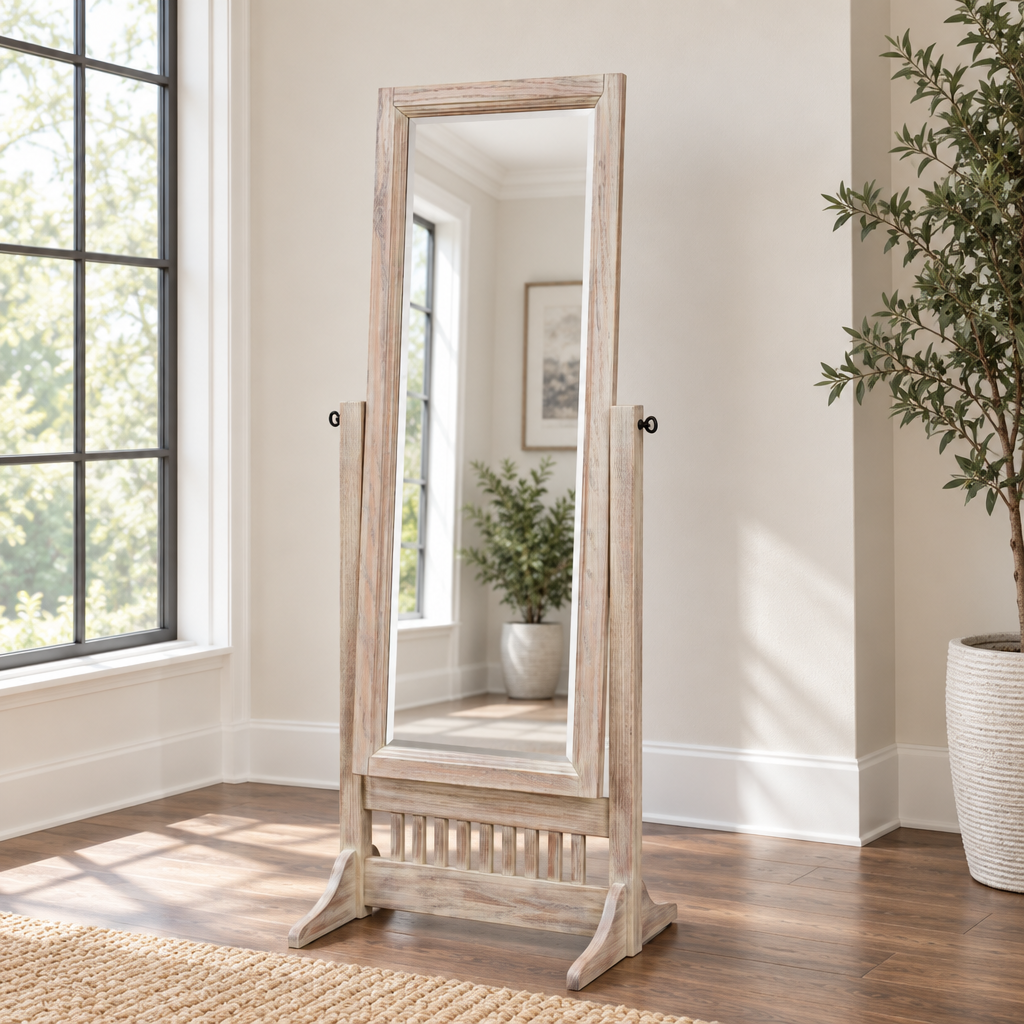 Amish Morris Plains Mission Cheval Floor Mirror shown in the living room of a transitional home