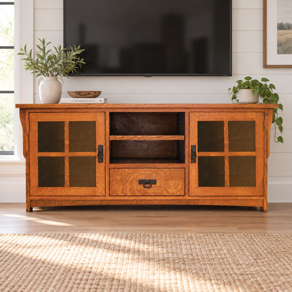 Amish Solid Wood Spanish Mission TV Console 1 Drawer shown in the living room of a modern farmhouse home