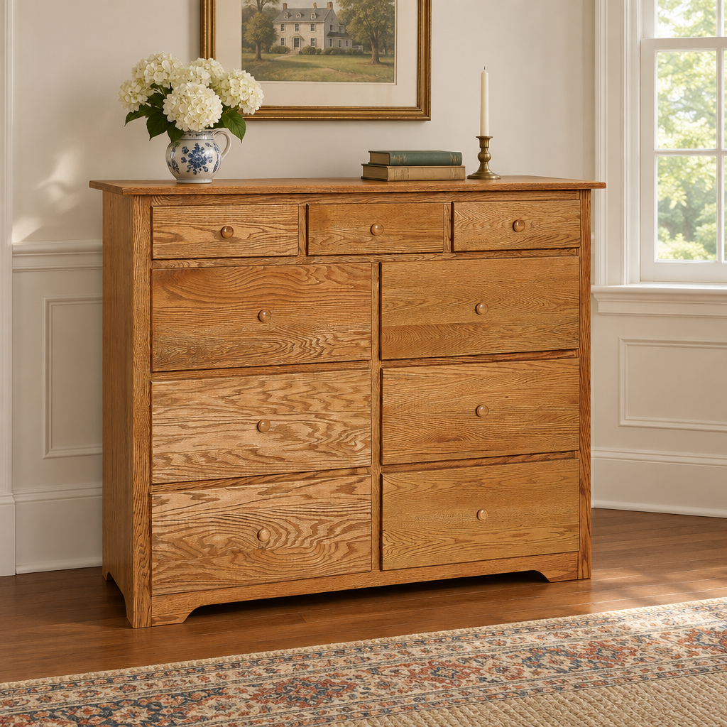 Eden Amish Shaker 54" 9 Drawer Mule Chest shown in the bedroom of a traditional colonial home