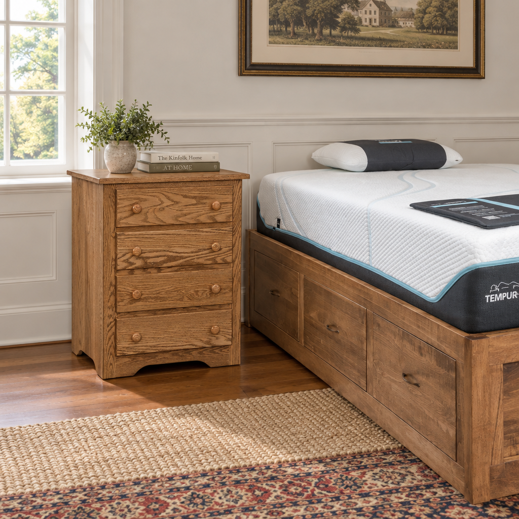 Eden Amish Shaker 4-Door Nightstand shown in the bedroom of a traditional colonial home