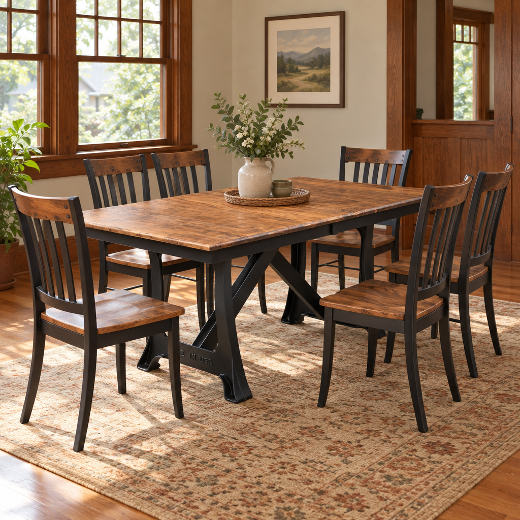 Amish Speedwell Forge Cast Iron Pedestal Extension Dining Table shown in the dining room of a craftsman bungalow home