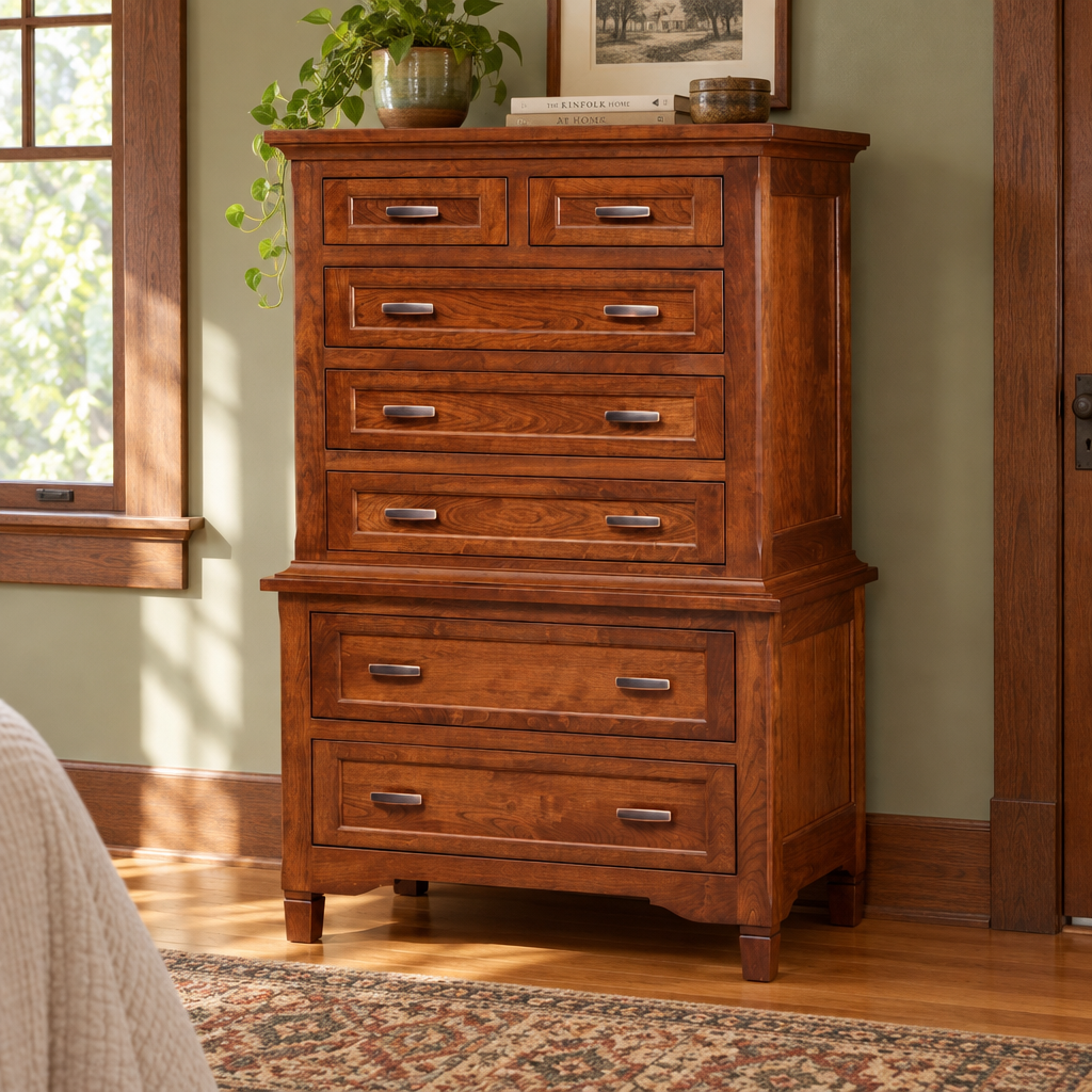 Amish Lexington Chest-on-Chest shown in the bedroom of a craftsman bungalow home