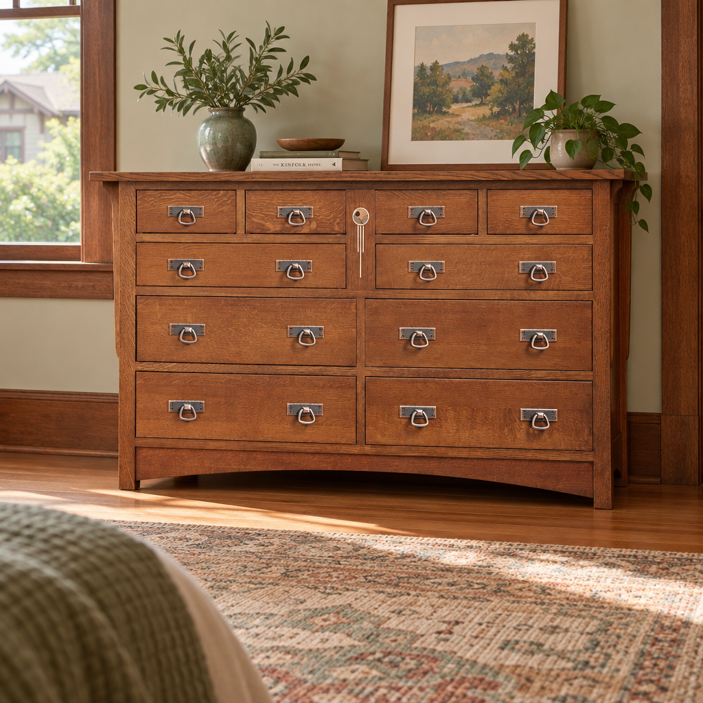 Amish Solid Wood Artesano 10-Drawer Dresser shown in the bedroom of a craftsman bungalow home