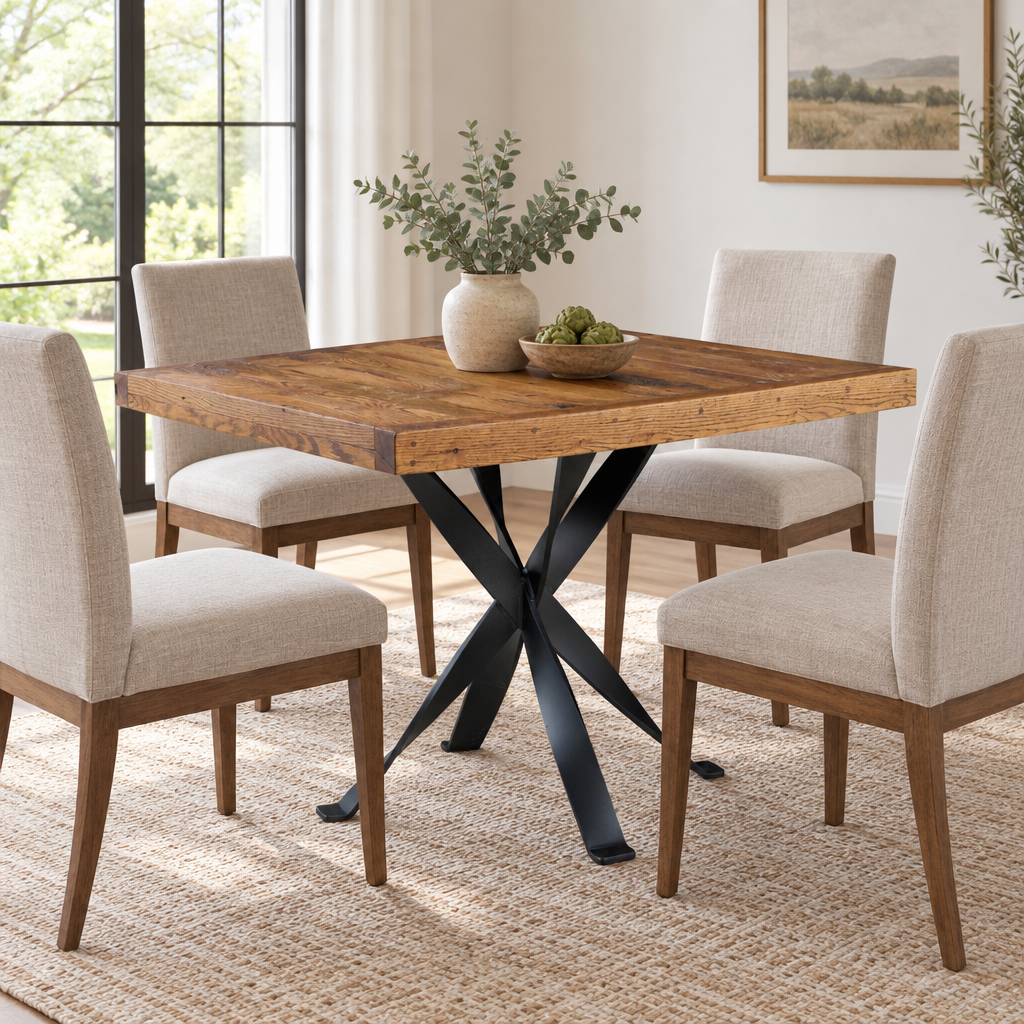 Amish Chadd's Ford Reclaimed Wood Dining Table shown in the dining room of a transitional home