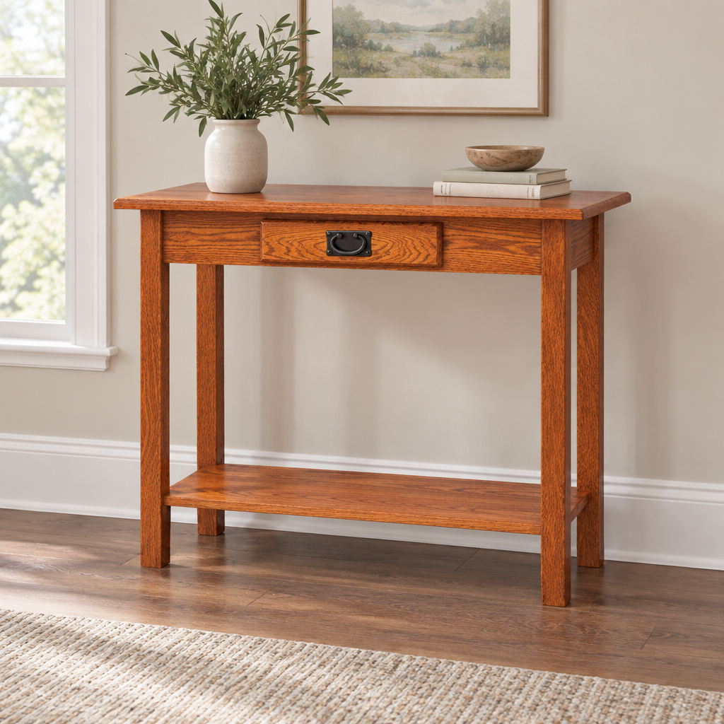 Amish Mission Hall Table shown in the living room of a transitional home