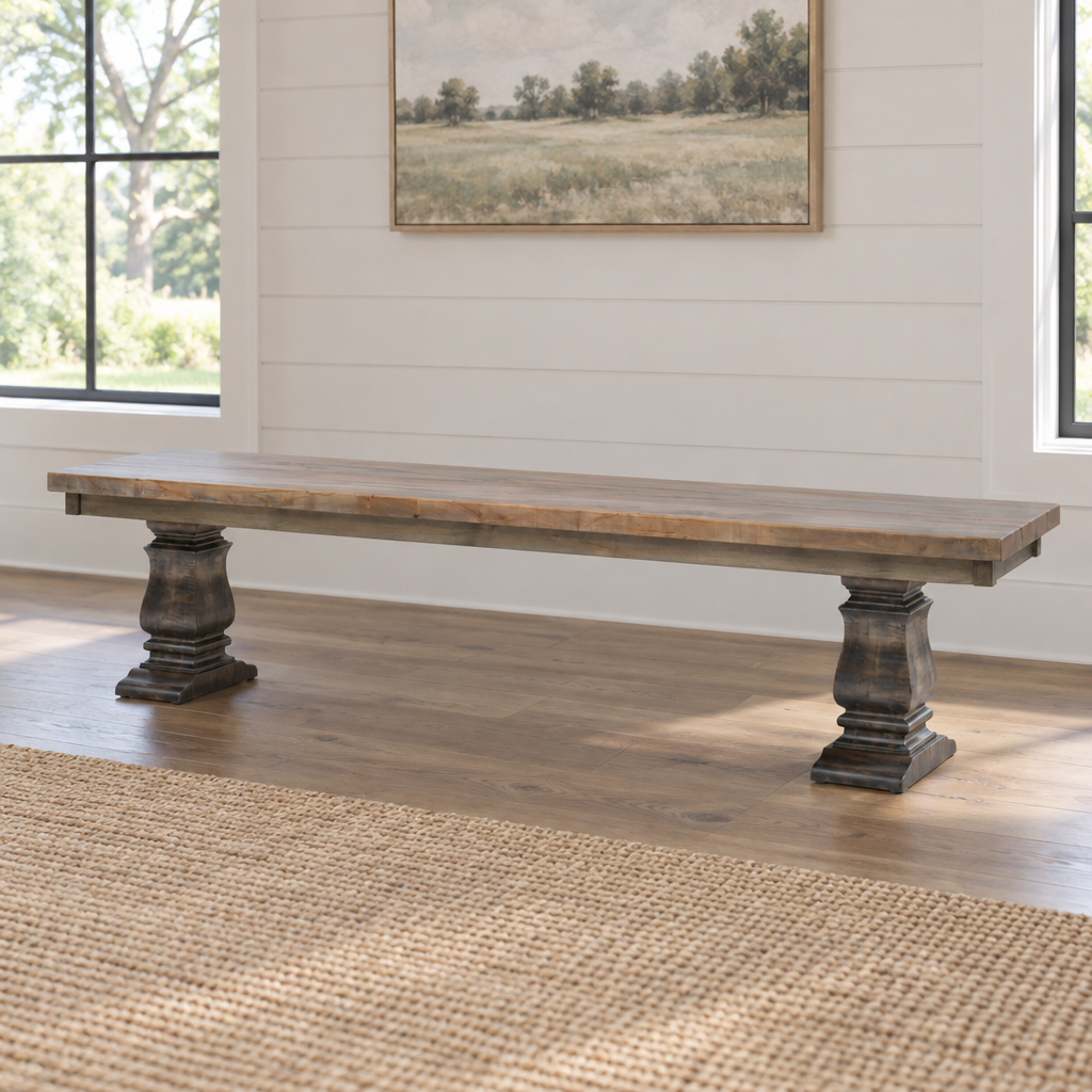 Amish Eastwood Reclaimed Wood Bench shown in the living room of a modern farmhouse home