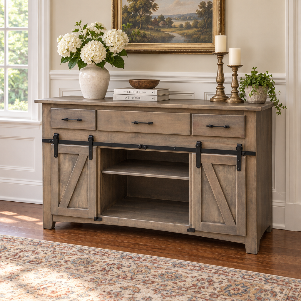Amish Barndoor Hutch Dining Buffet shown in the dining room of a traditional colonial home