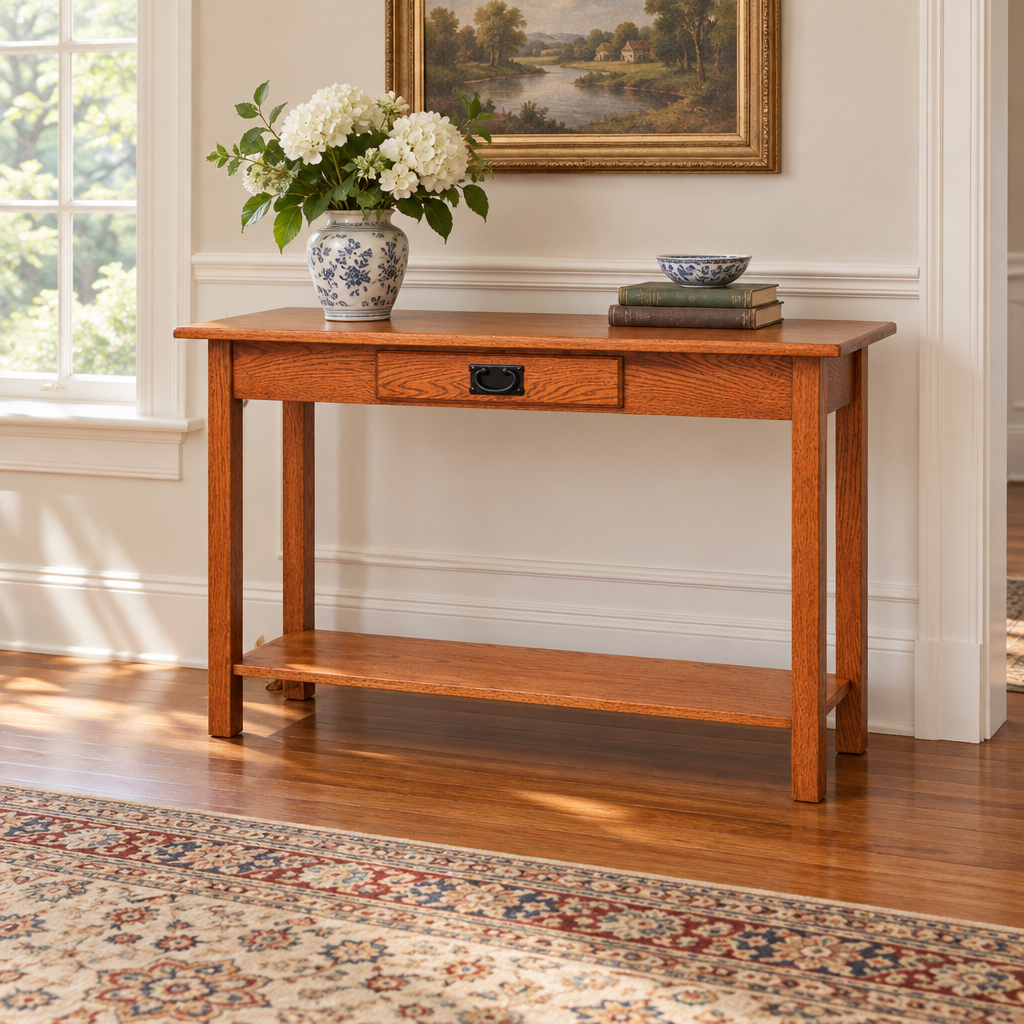 Amish Mission Sofa Table shown in the living room of a traditional colonial home