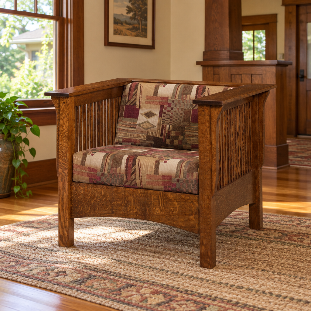 Amish Craftsman Wood Panel Club Chair shown in the living room of a craftsman bungalow home