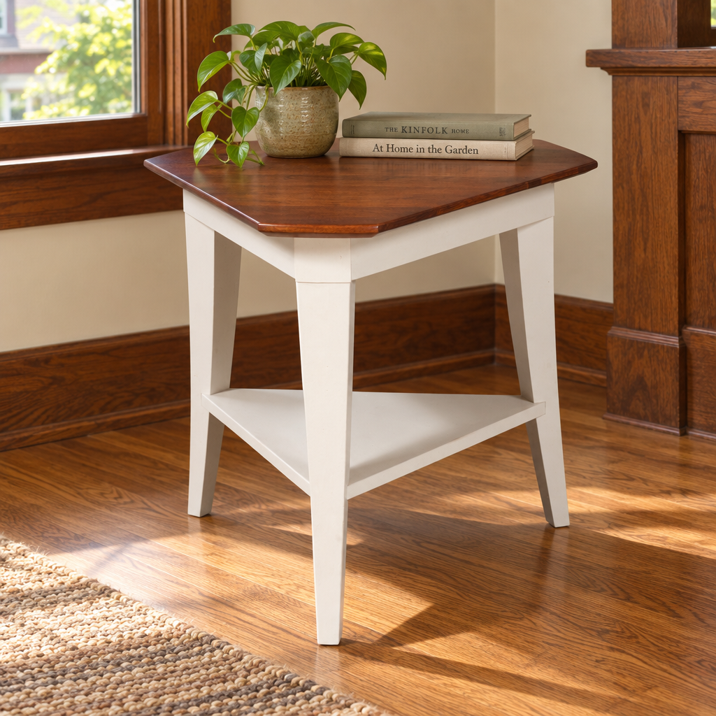 Stratos Amish Triangle End Table with Shelf shown in the living room of a craftsman bungalow home