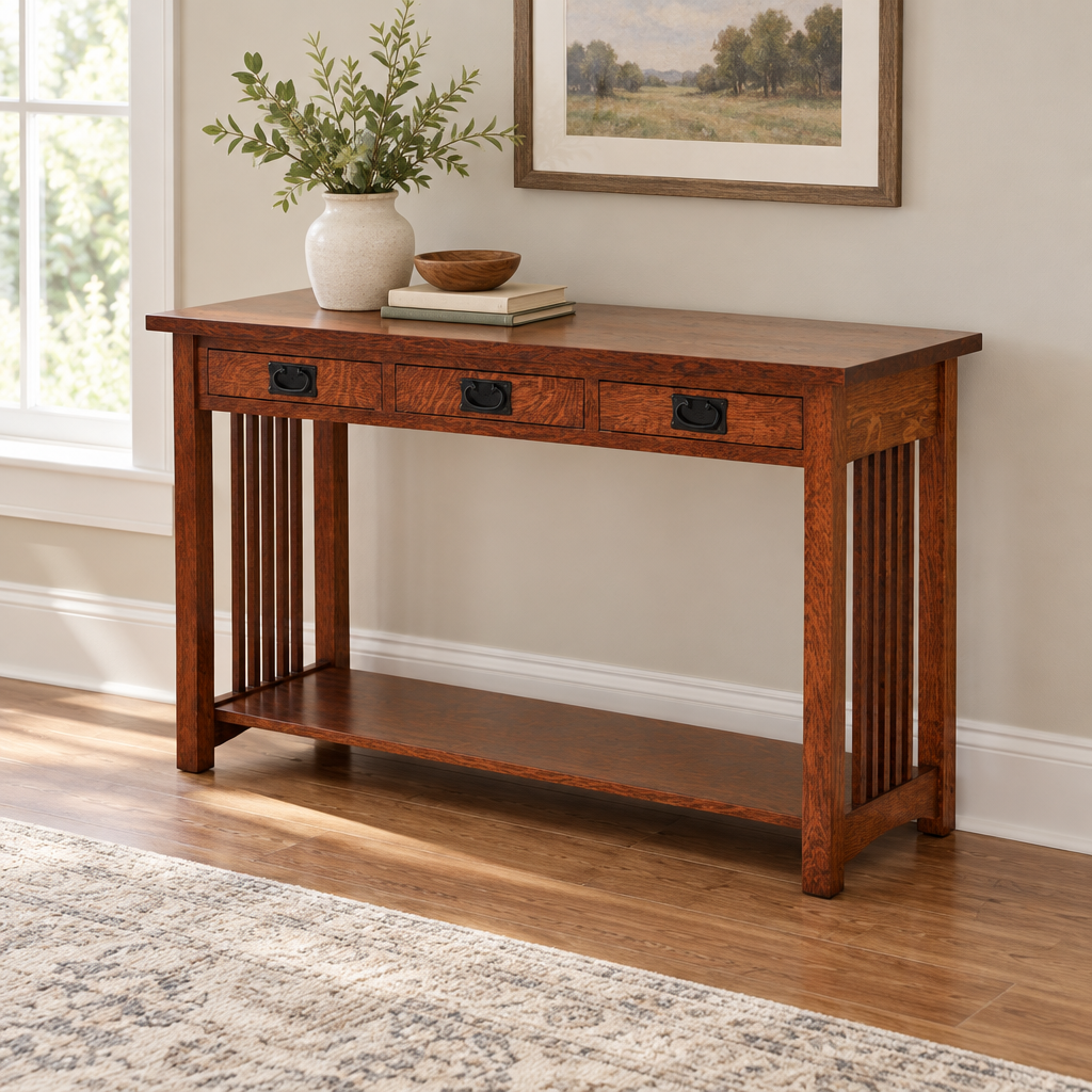 Amish Solid Wood Spanish Mission Sofa Table shown in the living room of a transitional home