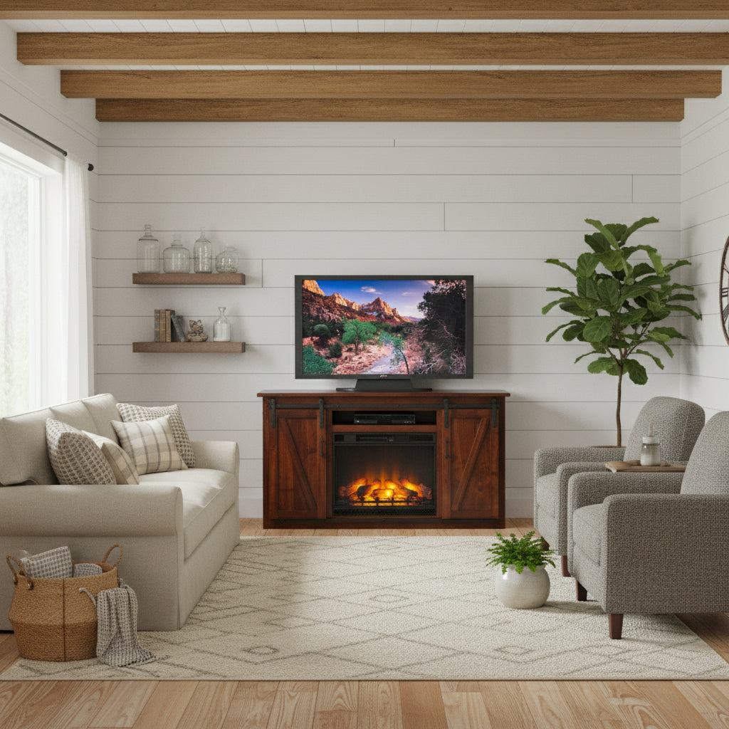 Wooden TV stand with electric fireplace and TV displaying nature scene