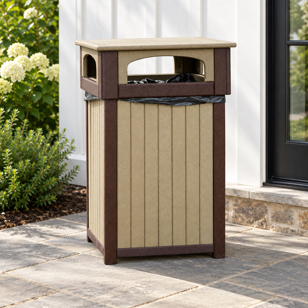 Amish Patio Poly Trash Receptacle - Four Holes shown in the back patio of a modern farmhouse home