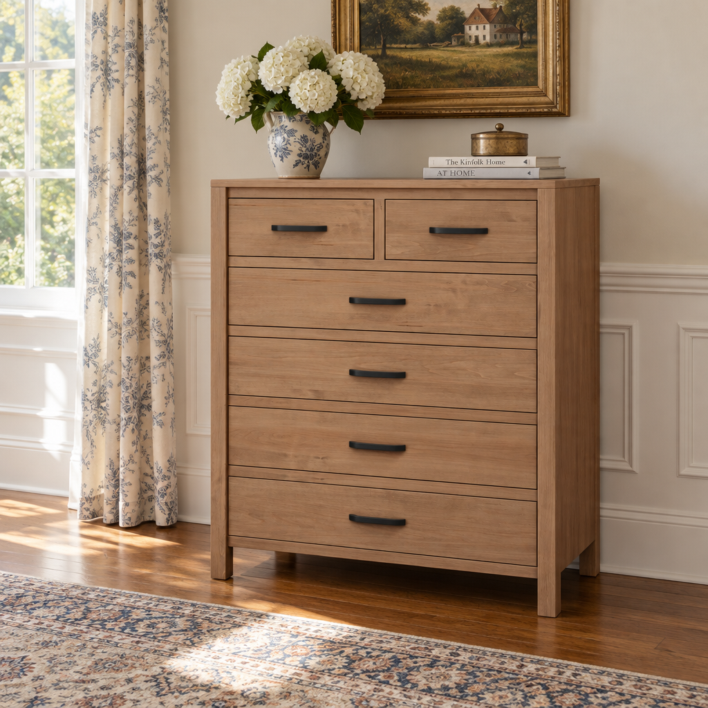 Amish Circleville 6 Drawer Chest shown in the bedroom of a traditional colonial home