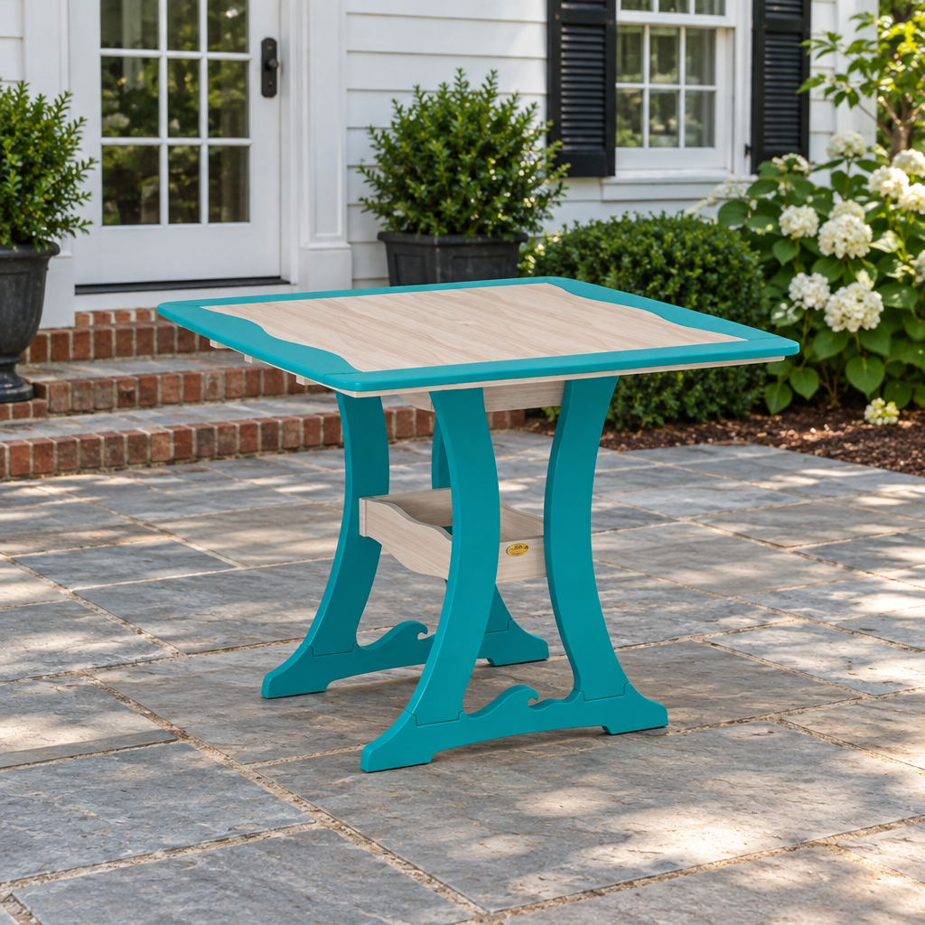 Amish Poly Wave Patio Dining Table shown in the back patio of a traditional colonial home
