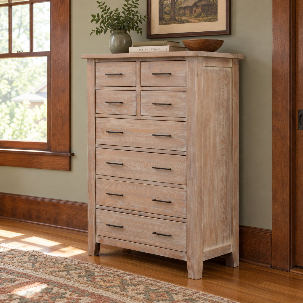 Amish Oreland Rustic Wood Master Chest of Drawers shown in the bedroom of a craftsman bungalow home