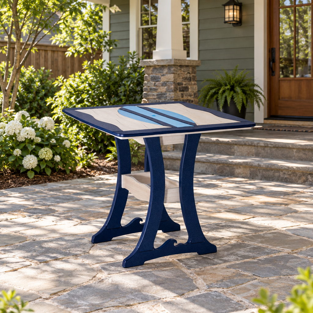 Amish Poly Wave Surfboard Patio Bar Table shown in the back patio of a craftsman bungalow home