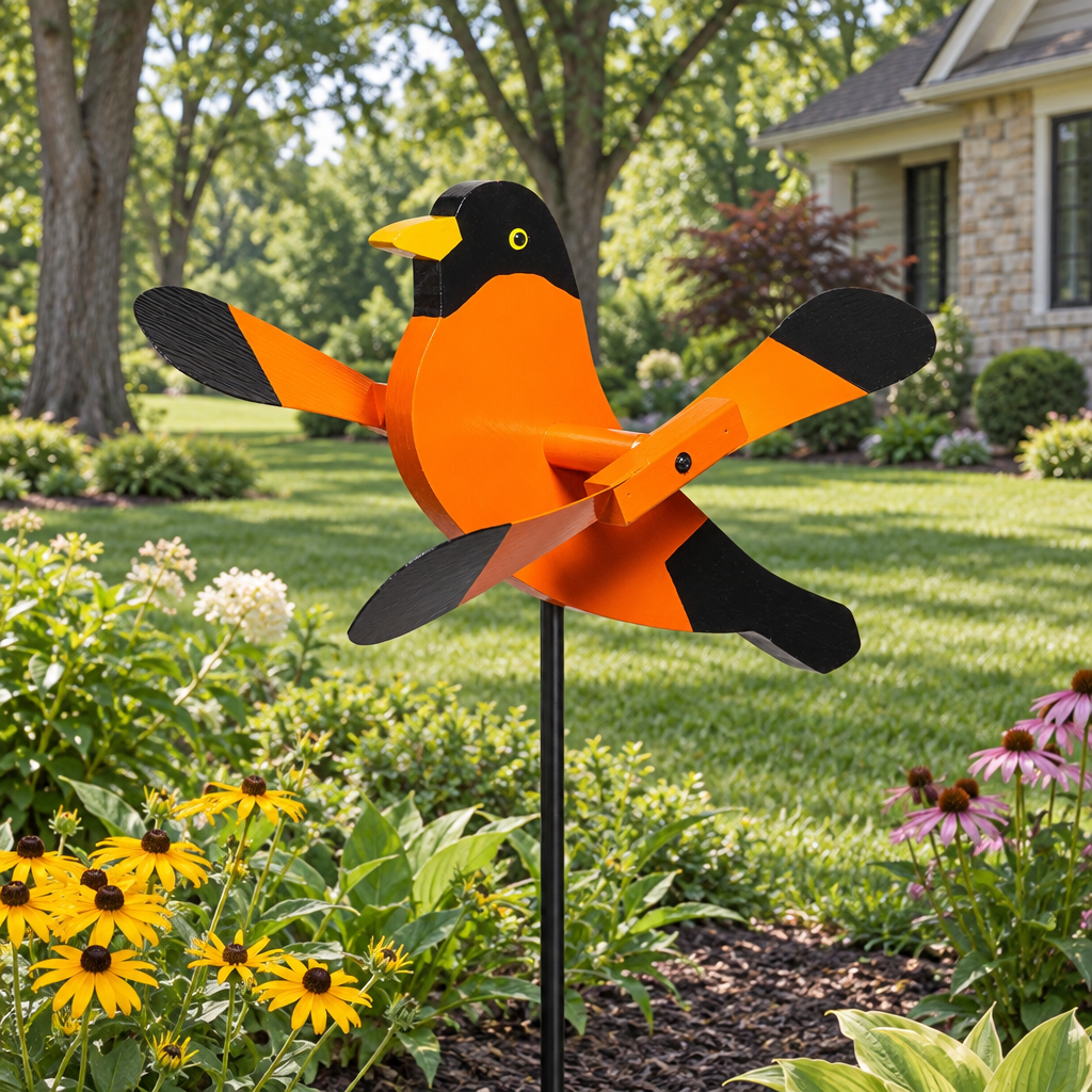 Amish Garden Wood Oriole Whirlybird Wind Spinner shown in the backyard garden bed of a transitional home