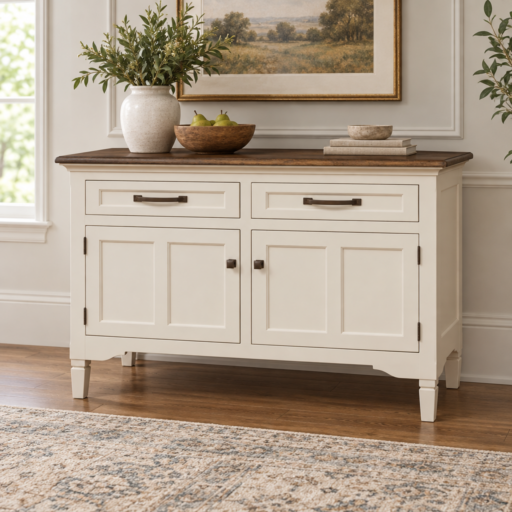 Amish Lexington 2-Drawer Dining Room Storage Buffet shown in the dining room of a transitional home