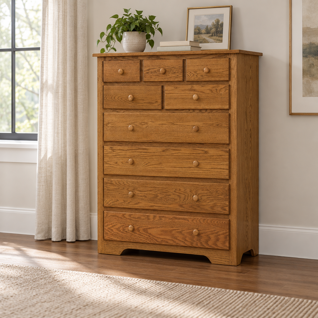 Eden Amish Shaker 9-drawer Chest shown in the bedroom of a transitional home