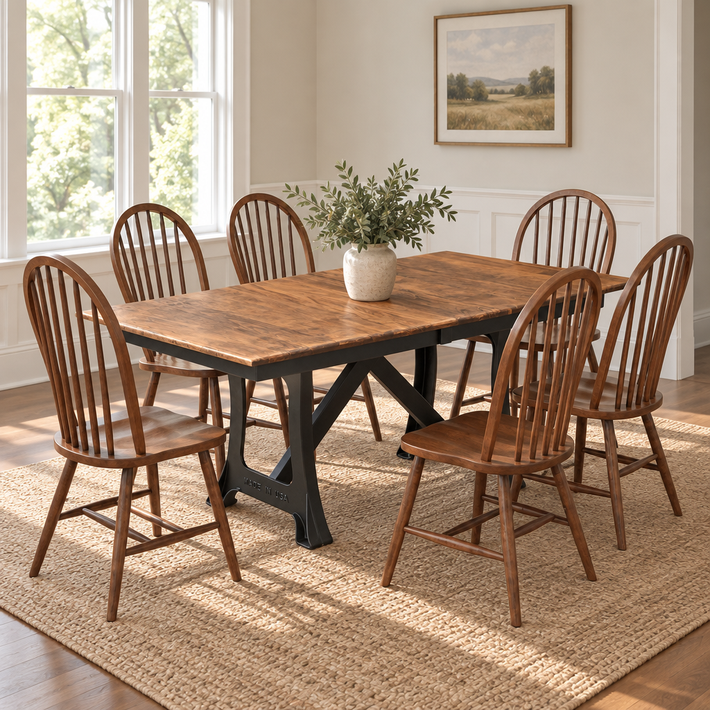 Amish Speedwell Forge Cast Iron Pedestal Extension Dining Table shown in the dining room of a transitional home