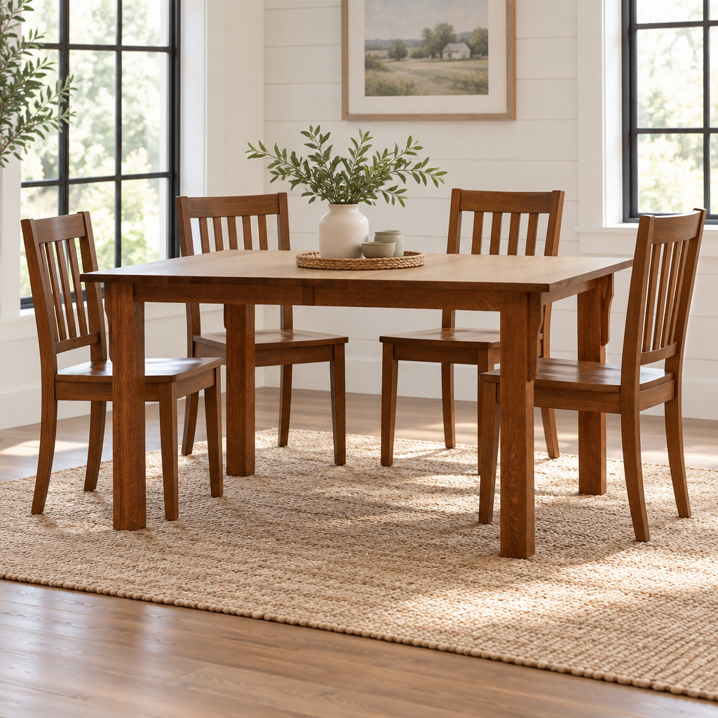 Amish Solid Wood Monrovia Mission Leg Table shown in the dining room of a modern farmhouse home