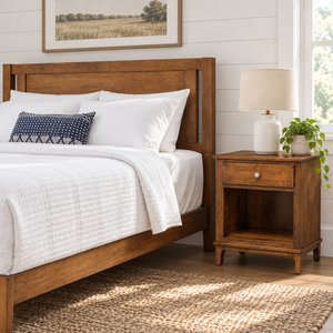 Amish Wynmoor Open Night Stand shown in the bedroom of a modern farmhouse home
