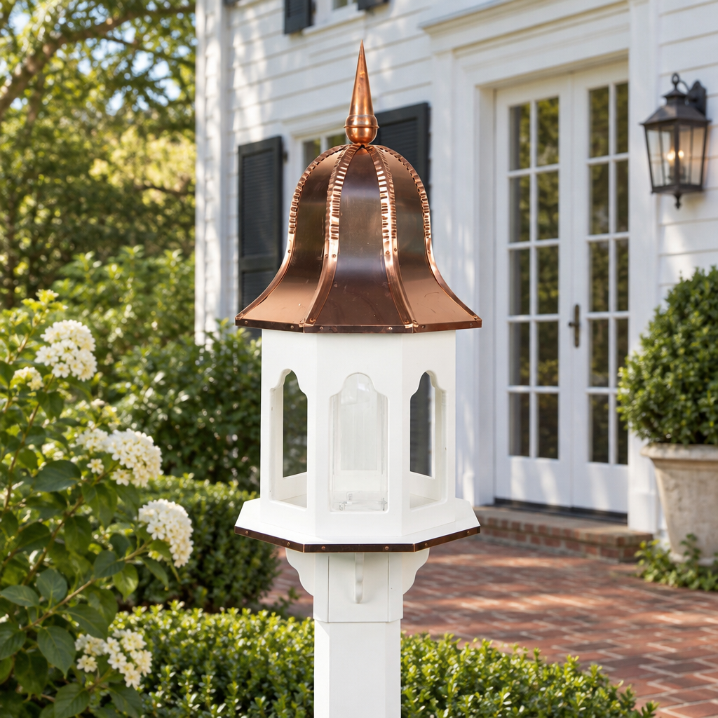 Amish Large Poly birdfeeder (copper top) shown in the back patio of a traditional colonial home