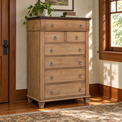 Amish Avignon Master Chest of Drawers shown in the bedroom of a craftsman bungalow home