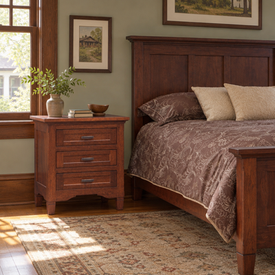Amish Lexington 3-Drawer Nightstand shown in the bedroom of a craftsman bungalow home