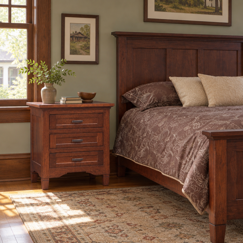 Amish Lexington 3-Drawer Nightstand shown in the bedroom of a craftsman bungalow home