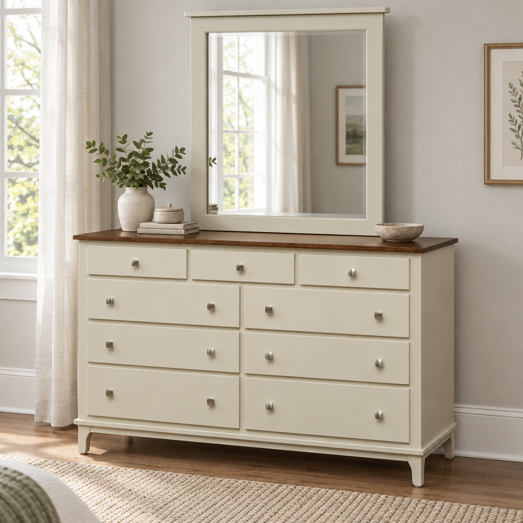 Amish Wynmoor 60" Triple Dresser shown in the bedroom of a transitional home