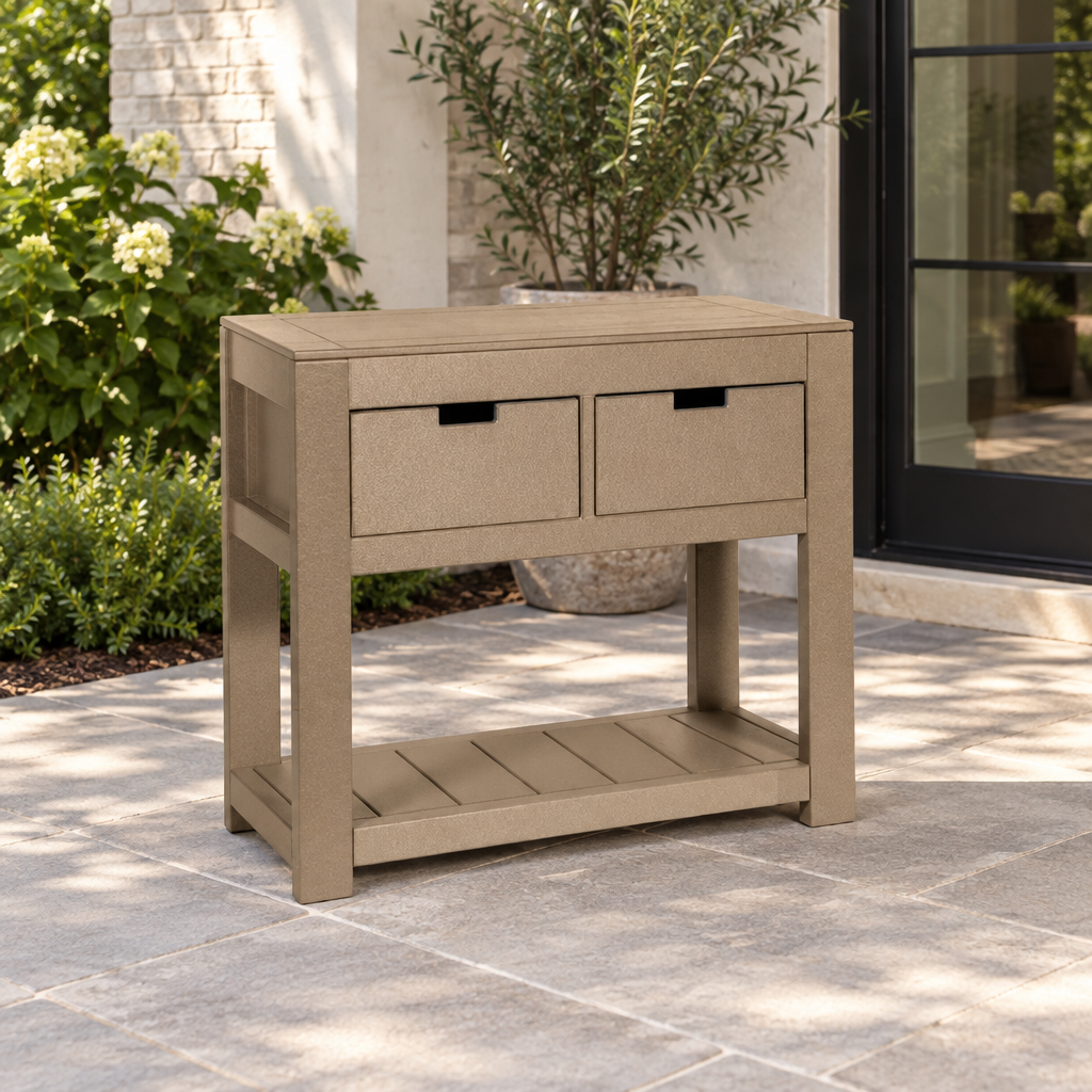 Amish Outdoor Poly 40" 2 Drawer Sofa Table shown in the back patio of a transitional home