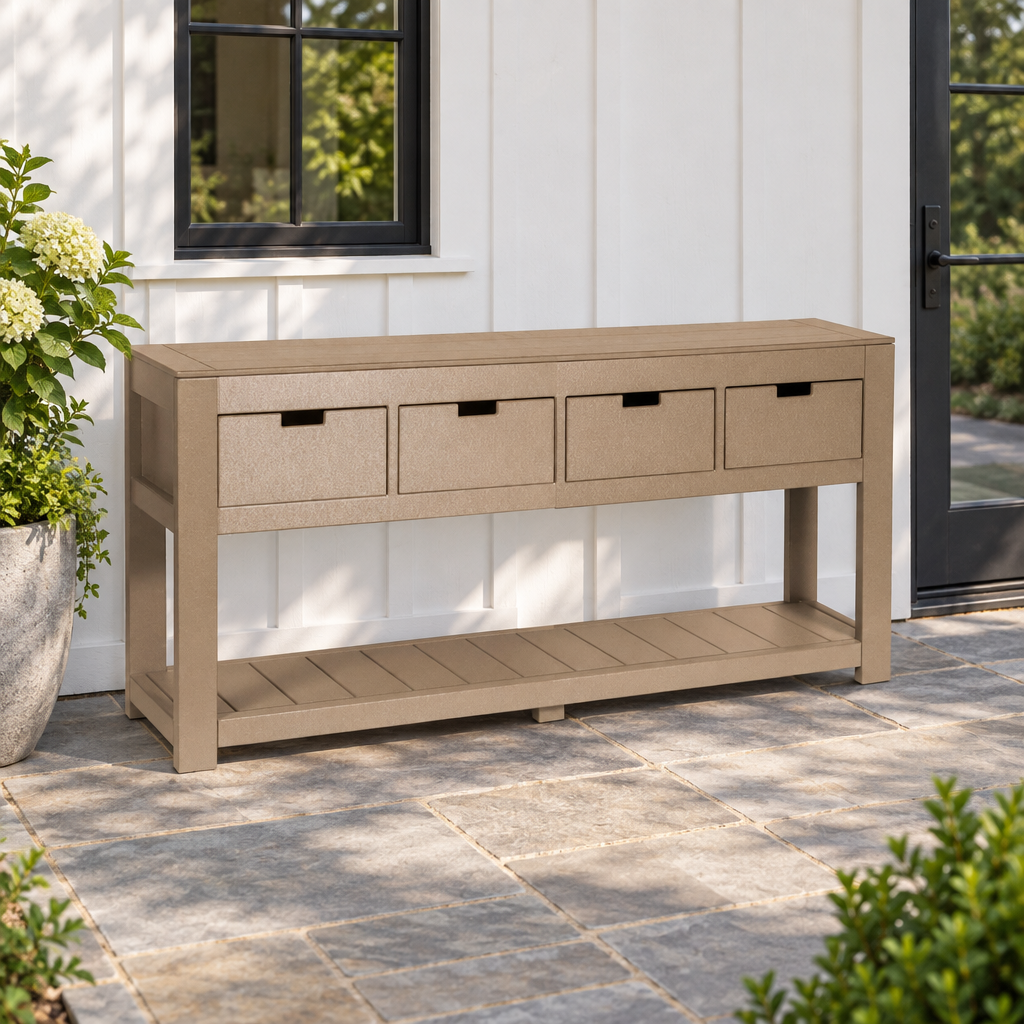 Amish Outdoor Poly 74" 4 Drawer Sofa Table shown in the back patio of a modern farmhouse home