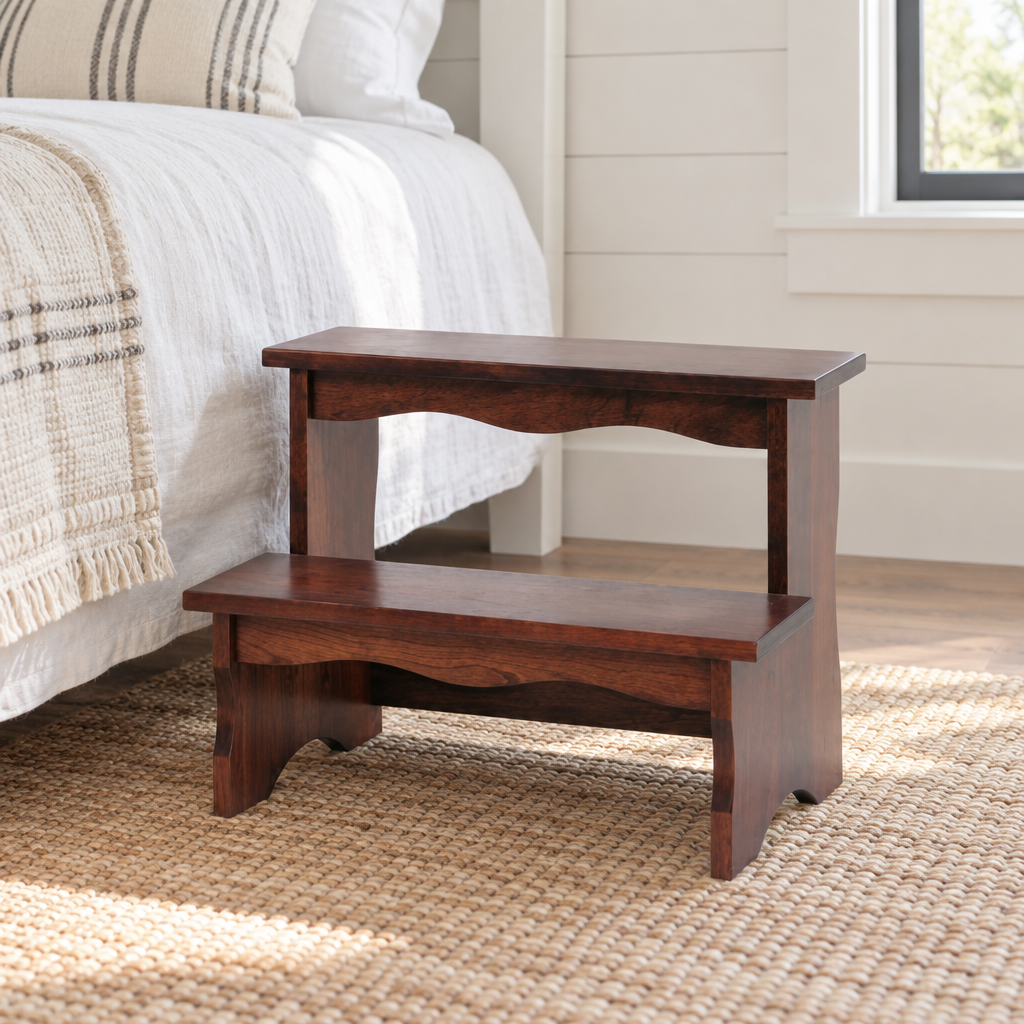 Amish Solid Wood Side Steps for High Beds shown in the bedroom of a modern farmhouse home