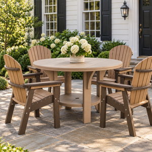Great Bay Amish Poly Patio Round Dining Height Table shown in the back patio of a traditional colonial home