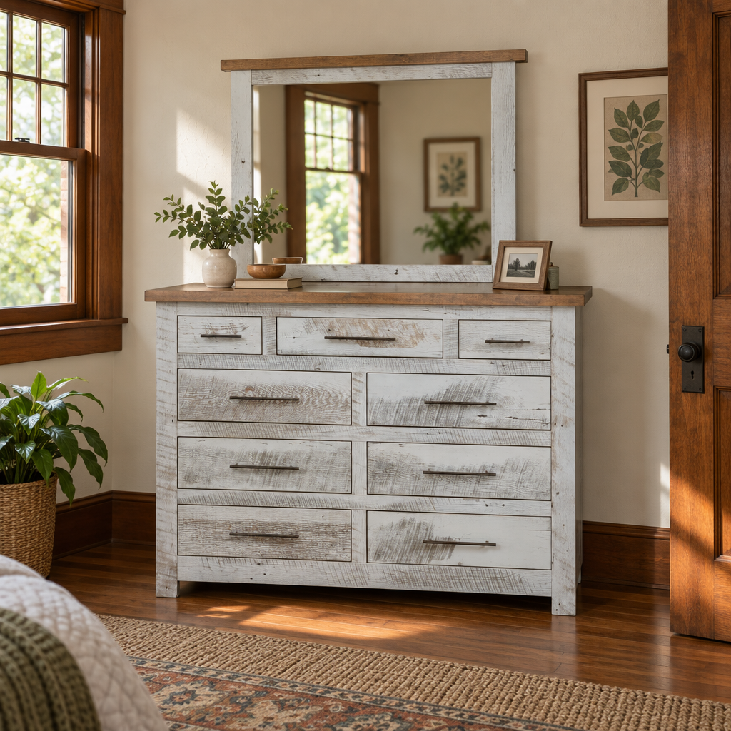 Amish Tioga Rustic 9 Drawer High Dresser shown in the bedroom of a craftsman bungalow home