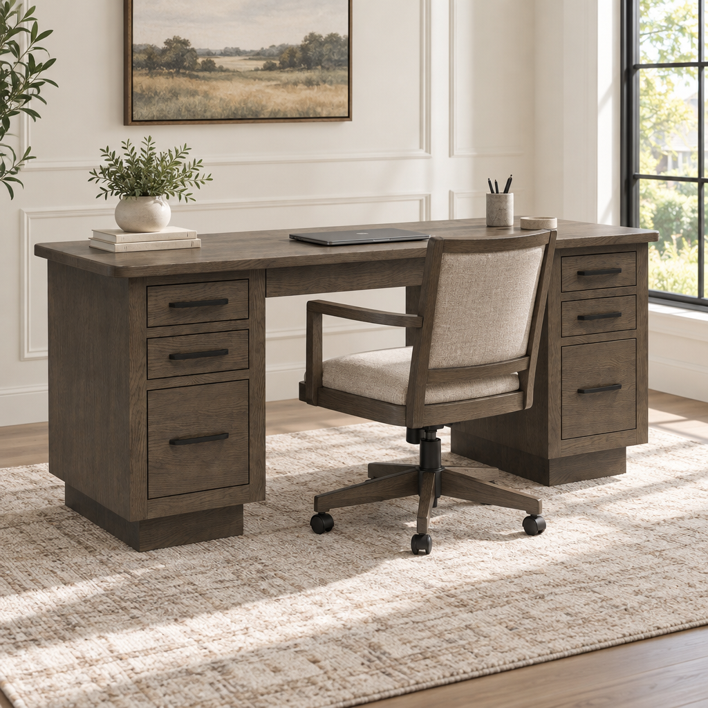 Amish Hillsborough Executive Reclaimed Wood Desk 7 Drawer shown in the home office of a transitional home