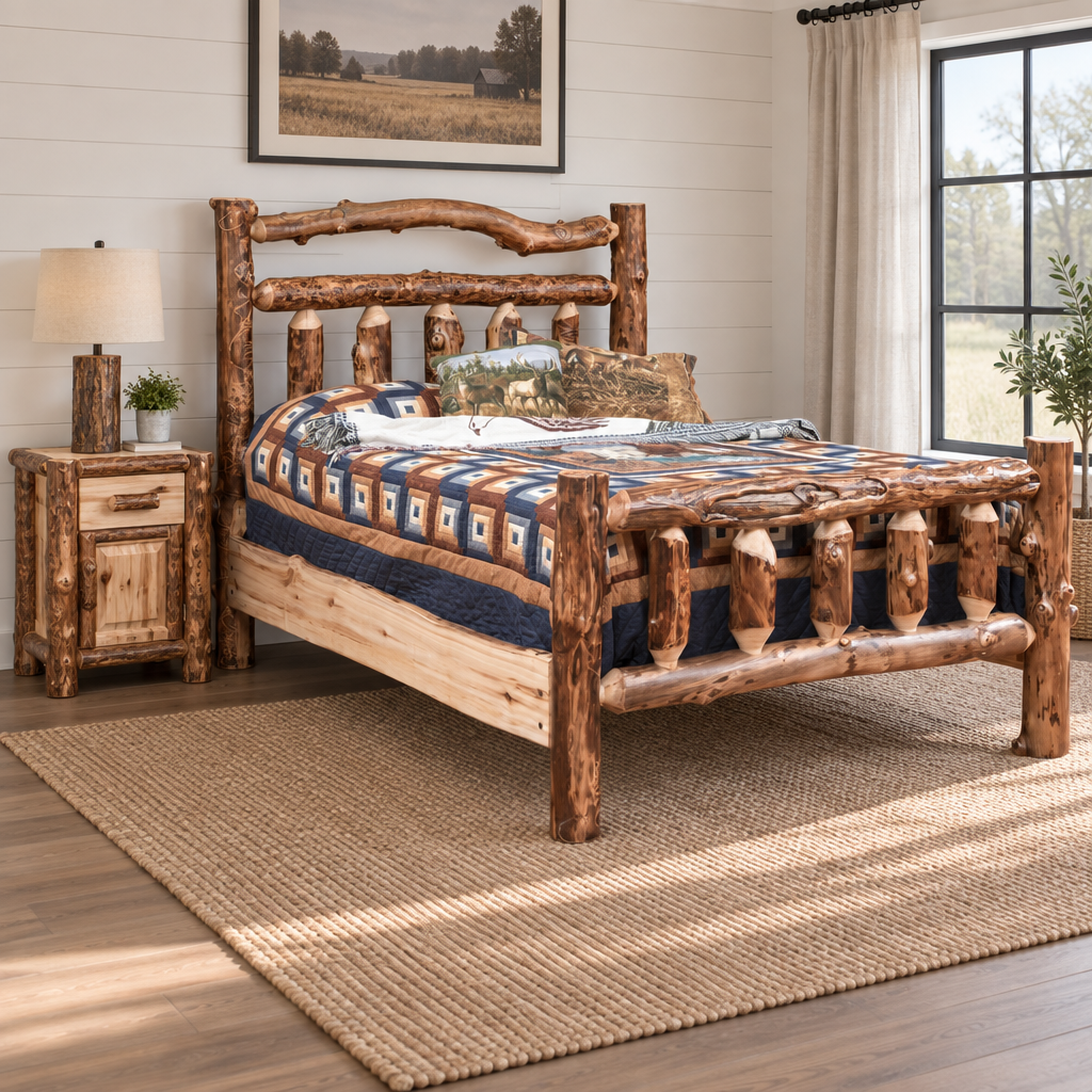 Amish Bighorn Deluxe Aspen Log Bed shown in the bedroom of a modern farmhouse home