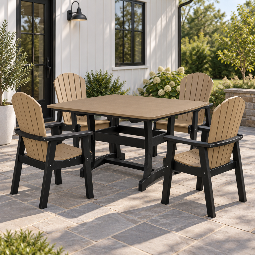 Amish Legacy 4x4 Outdoor Dining Table shown in the back patio of a modern farmhouse home