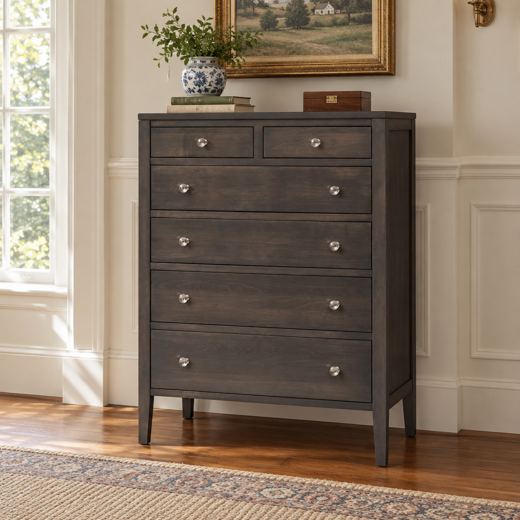 Amish Chelsea Modern Bedroom Chest of Drawer shown in the bedroom of a traditional colonial home