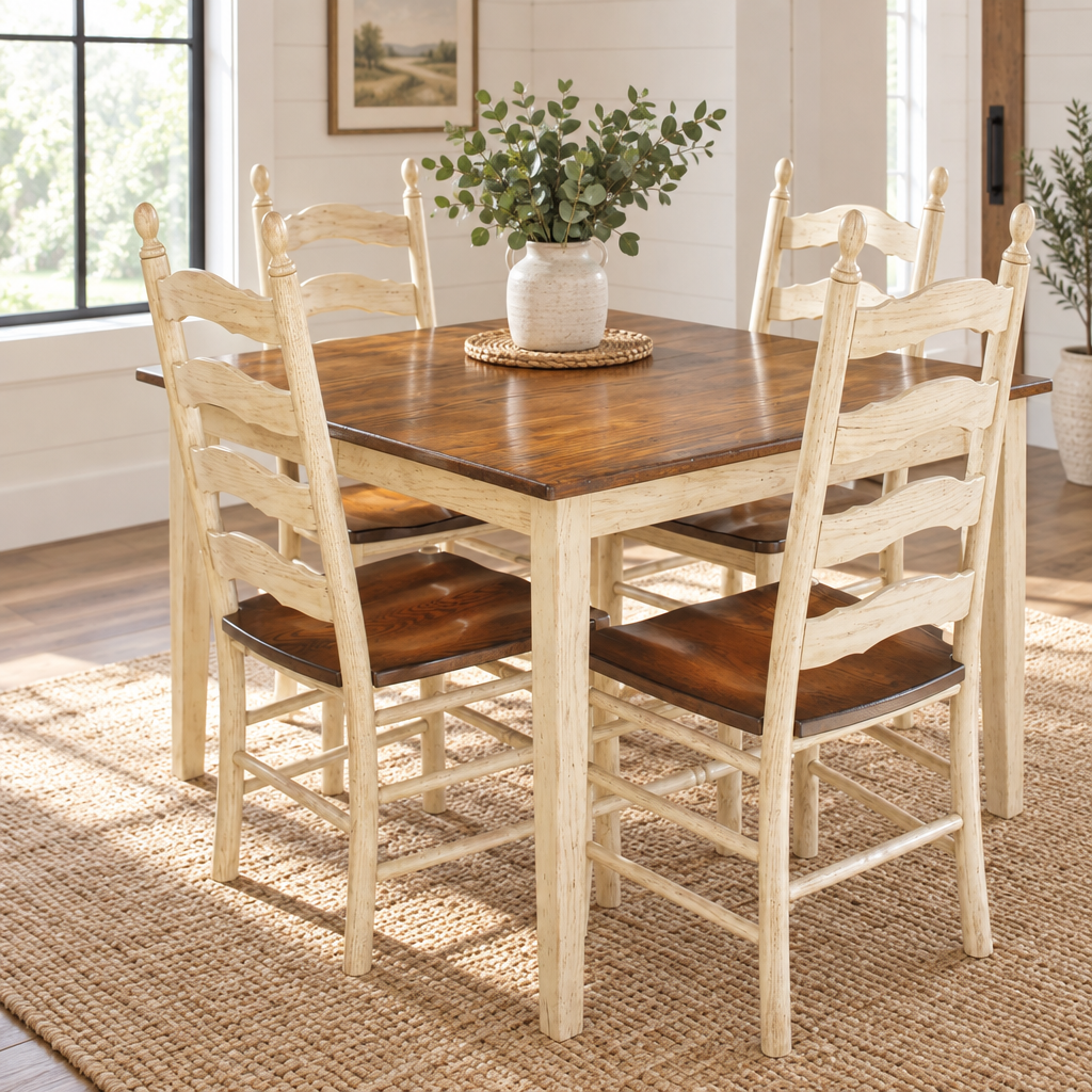 Amish French Country Ladderback Dining Chair shown in the dining room of a modern farmhouse home