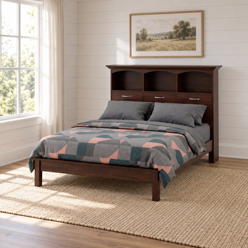 Amish Solid Wood Bookcase Drawer Headboard Bed shown in the bedroom of a modern farmhouse home