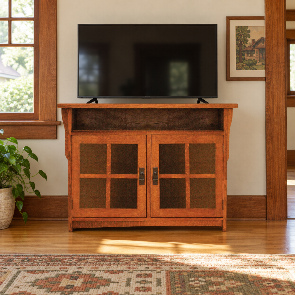 Amish Solid Wood Spanish Mission TV Console 2 Door shown in the living room of a craftsman bungalow home