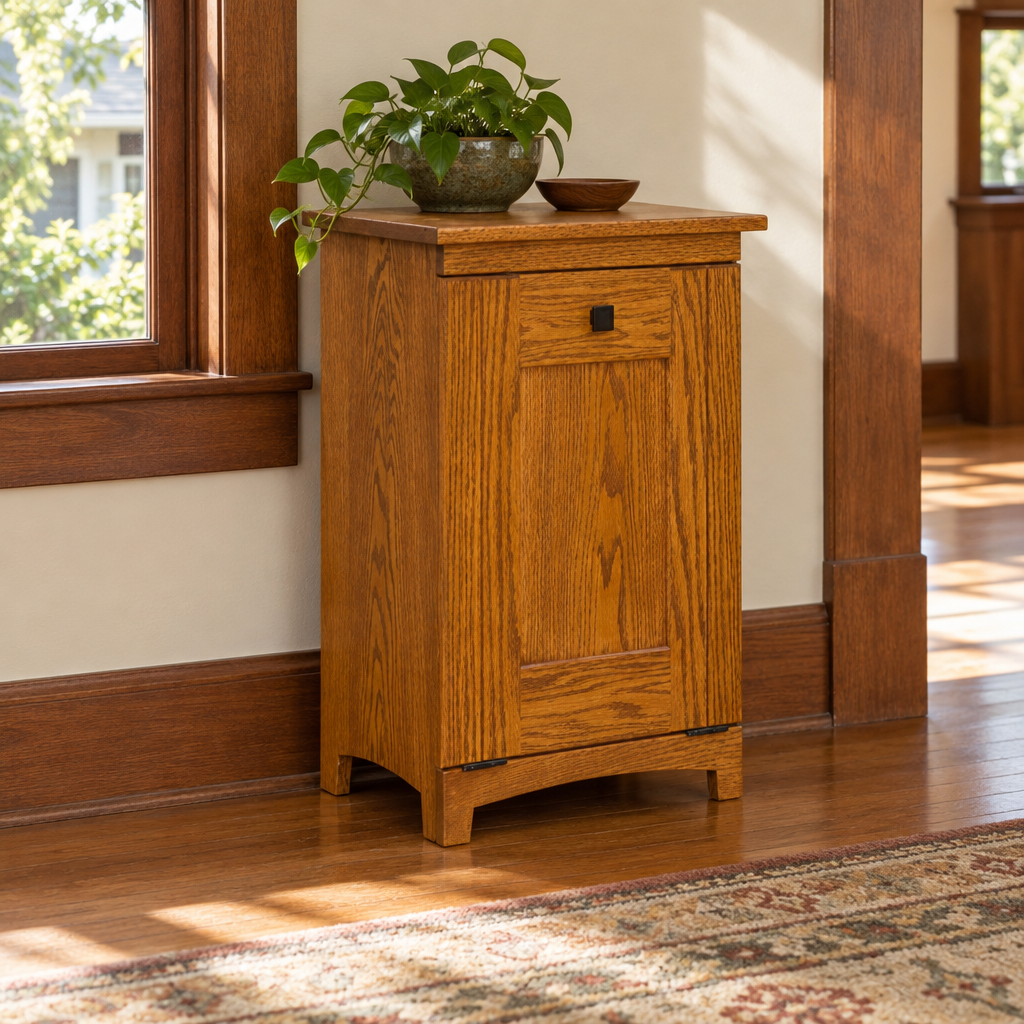 Amish Mission Trash Bin shown in the living room of a craftsman bungalow home