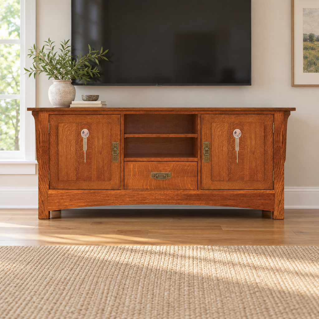 Amish Solid Wood Artesano 1-Drawer TV Console shown in the living room of a transitional home
